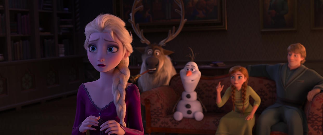 In Frozen 2 Elsa is grateful her kingdom accepts her and she works hard to be a good queen. Deep down, she wonders why she was born with magical powers. (© 2019 Disney)