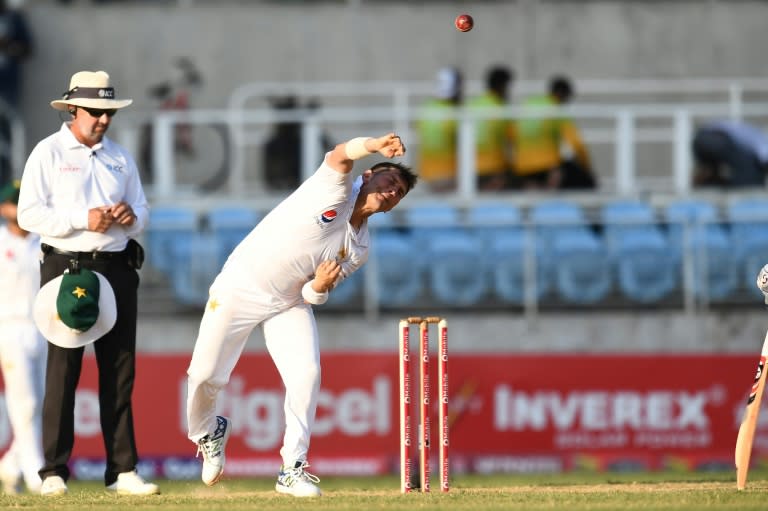 Pakistan's bowler Yasir Shah delivers a ball on day four of the first Test match between West Indies and Pakistan at the Sabina Park in Kingston, Jamaica, on April 24, 2017