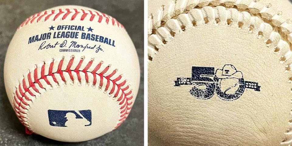 Left: A standard official MLB baseball. Right: A stamped official ball commemorating the 50th anniversary of the Texas Rangers franchise.