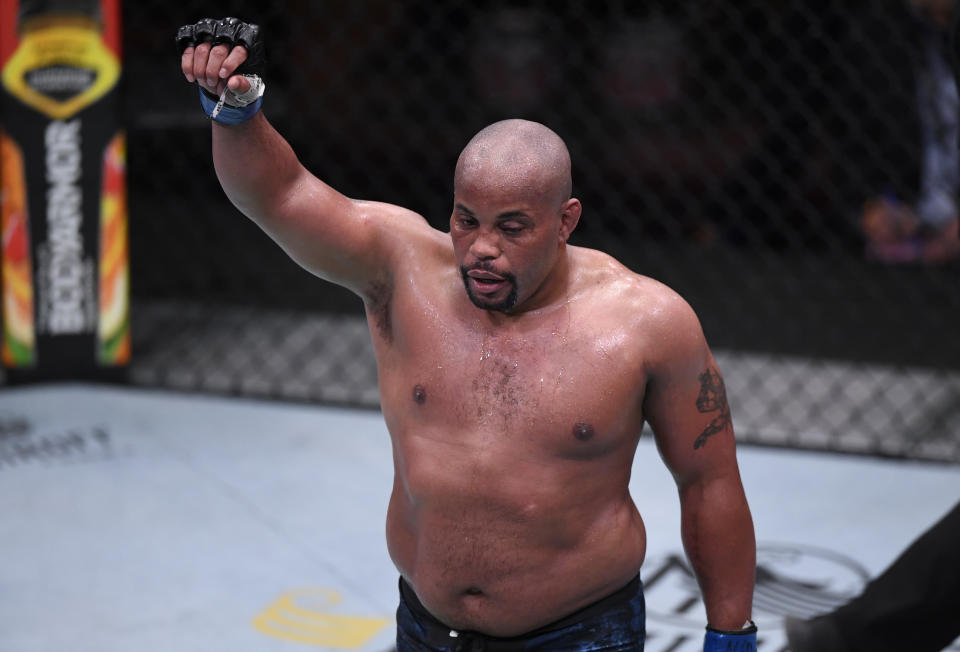 LAS VEGAS, NEVADA - AUGUST 15: Daniel Cormier reacts after the conclusion of his UFC heavyweight championship bout against Stipe Miocic during the UFC 252 event at UFC APEX on August 15, 2020 in Las Vegas, Nevada. (Photo by Chris Unger/Zuffa LLC)