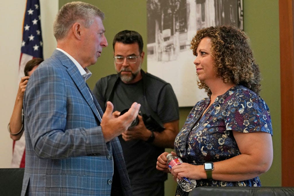 Bruce Hough and Celeste Maloy speak after the 2nd Congressional District Republican primary debate for outgoing Rep. Chris Stewart's seat Friday, Aug. 4, 2023, in Farmington, Utah. (AP Photo/Rick Bowmer) Republican