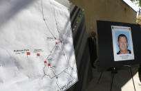 CORRECTS ARREST DAY OF WEEK TO THURSDAY, INSTEAD OF WEDNESDAY A map, left marks where a series of rapes in Northern California occurred starting in 1991, is displayed during a news conference Friday, Sept. 21, 2018, in Sacramento, Calif. Suspect Roy Charles Waller, 58, seen in photo at right, was taken into custody in Berkeley by Sacramento Police, Thursday, Sept. 20, 2018, and faces multiple counts of rape. (AP Photo/Rich Pedroncelli)