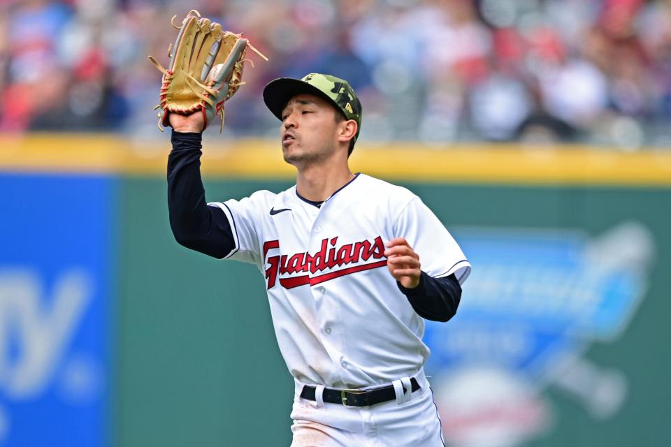 Cleveland Guardians center fielder Steven Kwan catches a ball hit by Detroit Tigers' Spencer Torkelson in the fourth inning of a baseball game, Sunday, May 22, 2022, in Cleveland. (AP Photo/David Dermer)