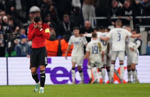 Bruno Fernandes appears dejected after Copenhagen’s Diogo Goncalves makes it 2-2 