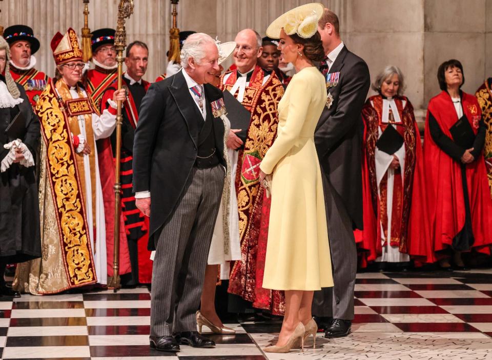 Prince William, Duke of Cambridge, and Catherine, Duchess of Cambridge talk with Prince Charles, Prince of Wales and Camilla, Duchess of Cornwall after arriving at St Paul's cathedral