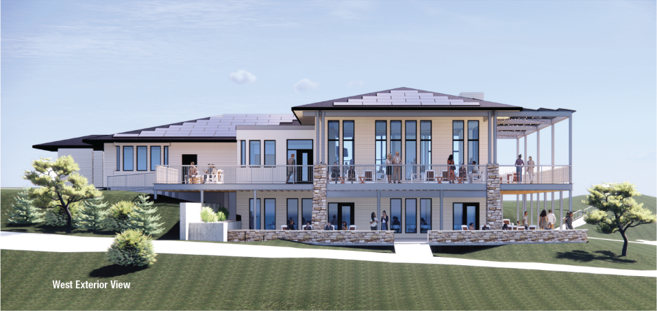 A rendering depicts a renovated Crown Point Community Center looking over Terra Lake in Johnston.