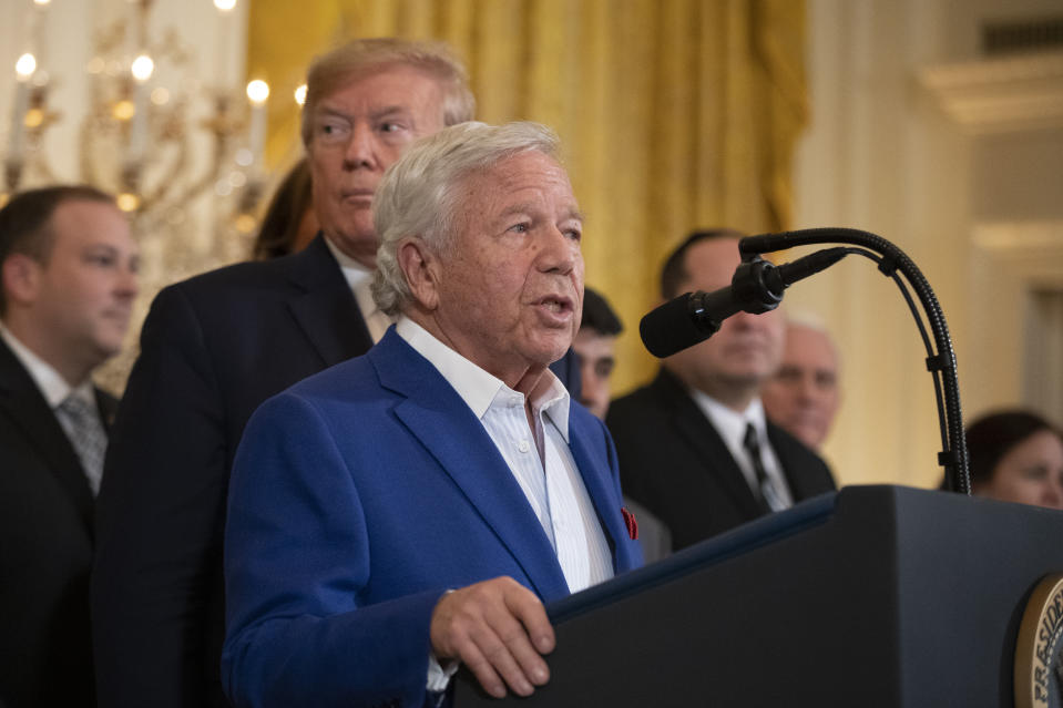 New England Patriots owner Robert Kraft, speaks during a Hanukkah reception in the East Room of the White House hosted by President Donald Trump and first lady Melania Trump, Wednesday, Dec. 11, 2019, in Washington. (AP Photo/Manuel Balce Ceneta)