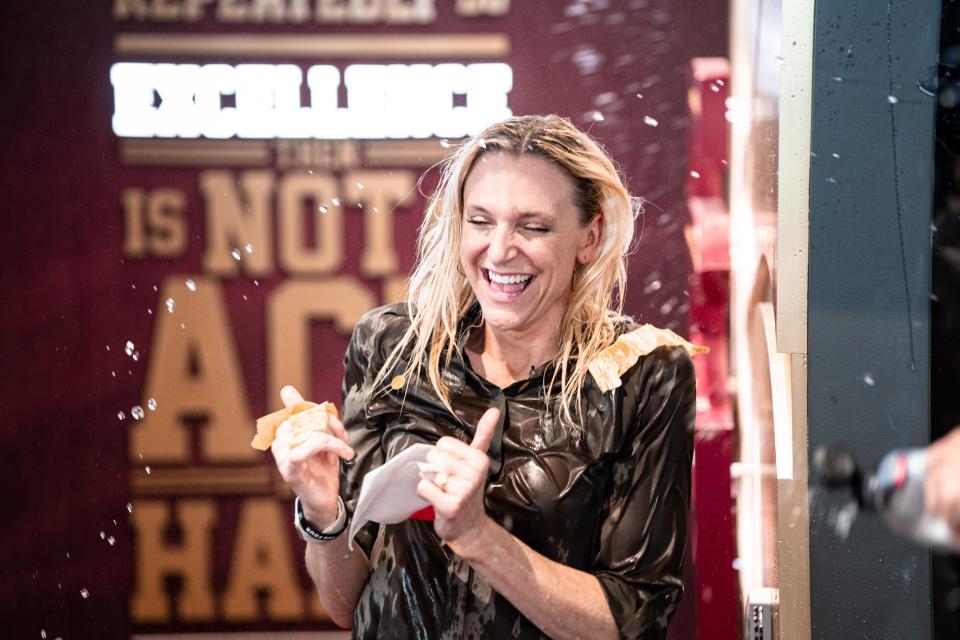 Florida State's Brook Wyckoff celebrates her first victory as the permanent head coach of the women's basketball team.