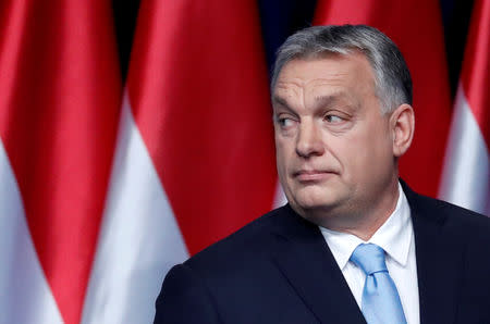 Hungarian Prime Minister Viktor Orban leaves the stage after delivering his annual state of the nation speech in Budapest, Hungary, February 10, 2019. REUTERS/Bernadett Szabo