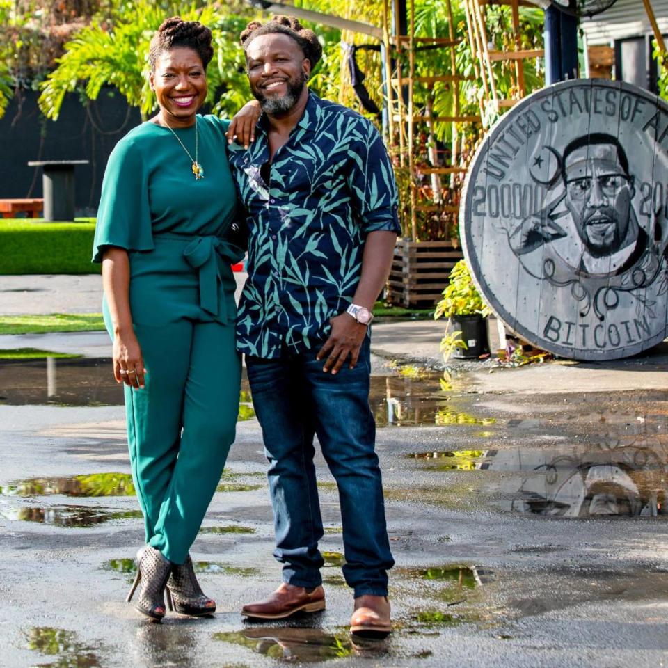 Cofounders Ashlee Thomas and Bart Mervil of Miami Urban Contemporary Experience, an art production company, pose for a portrait on the MUCE campus in Little Haiti, Florida, on Friday, October 16, 2020. MUCE aims to bolster the appreciation and utilization of art in the community through art exhibitions, workshops, cultural offerings, and festivals.