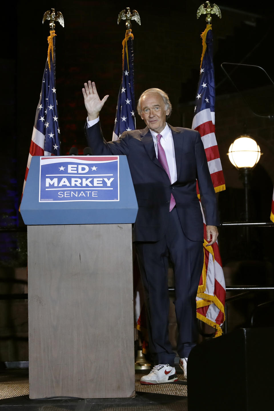 Incumbent U.S. Sen. Edward Markey celebrates in Malden, Mass., after defeating U.S. Rep. Joe Kennedy III, Tuesday, Sept. 1, 2020, in the Massachusetts Democratic Senate primary. (AP Photo/Michael Dwyer)