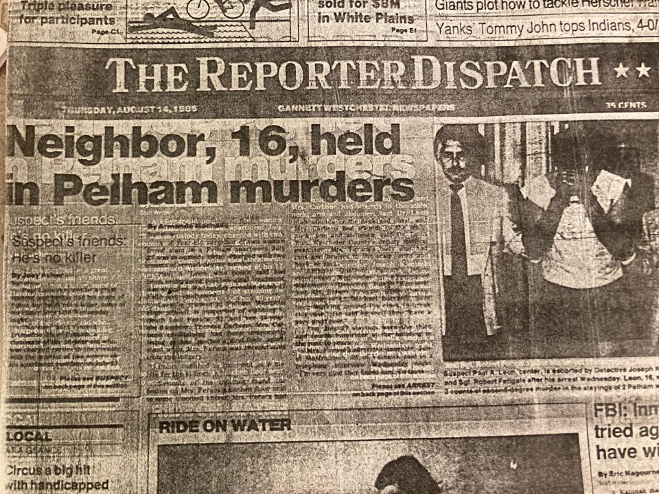 Front-page article on Aug. 14, 1987, following the arrest of Paul Leon in the murders two weeks earlier of his neighbor, Lois Feraca, 83, and her daughter Theresa Carbone, 49, in Feraca's apartment in Pelham.