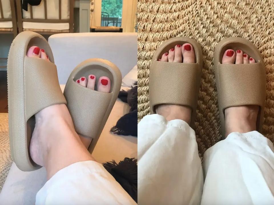 composite image of the author wearing the &quot;pillow slide&quot; sandals in milk tea beige color - The 11 Best And Worst Things We Tried From Social Media This Year — From Productivity Hacks To Dishes That Almost Made Us Give Up Cheese