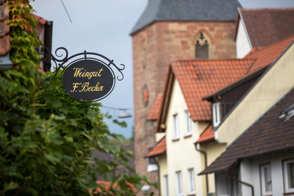 A sign hangs outside the Weingut Friedrich Becker Estate winery in Schweigen, Germany.