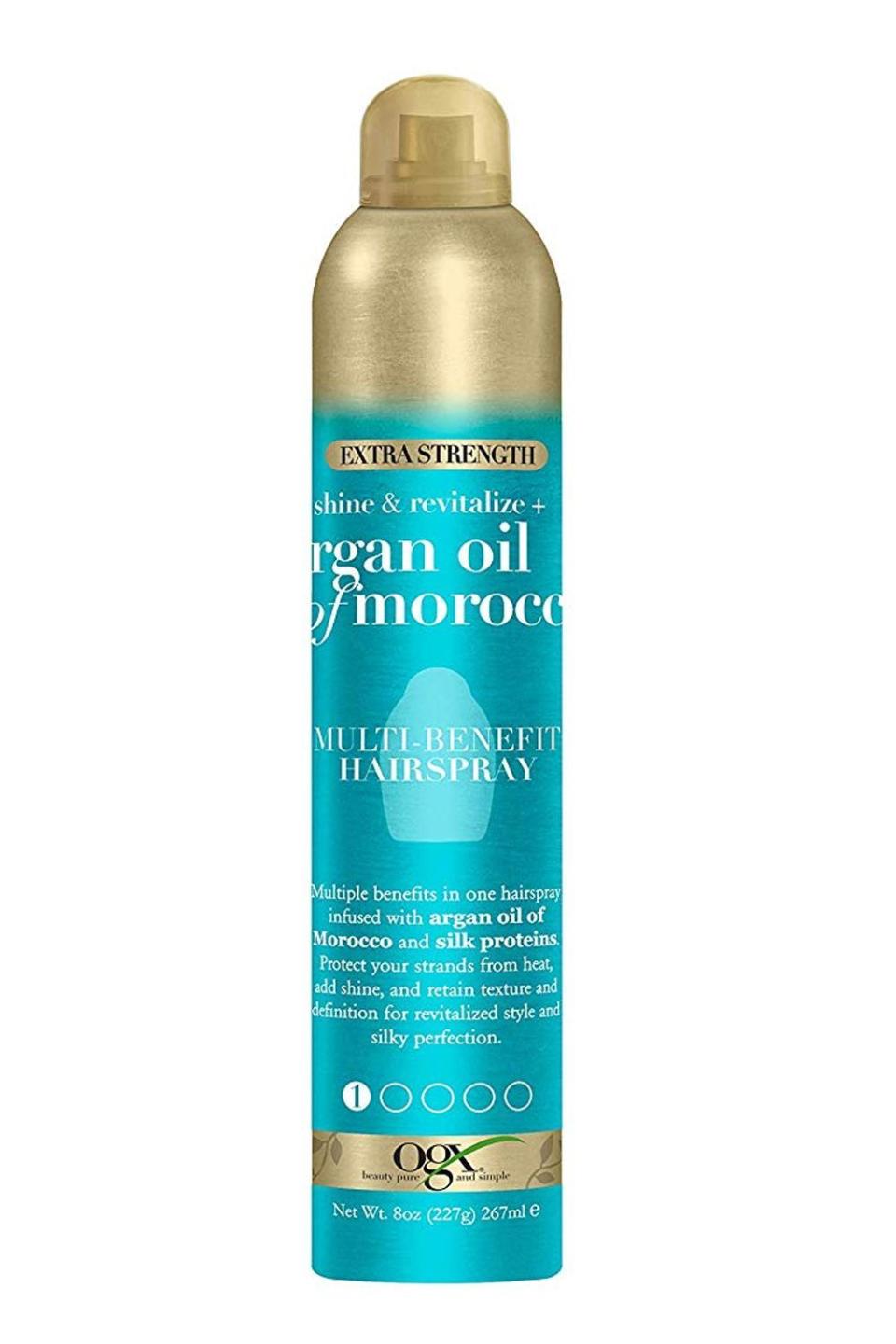 <p><strong>OGX</strong></p><p>amazon.com</p><p><strong>$7.89</strong></p><p>If you blow-dry, straighten, or curl your hair on the reg, this is hands down the best hairspray option for you. Spray it on to <strong>protect your hair from heat damage</strong>, lock your style in place, and smooth down frizz and flyaways.</p><ul><li><strong>Size: </strong>8 oz.</li><li><strong>Scent: </strong>Morocco</li><li><strong>Hold: </strong>Light</li></ul><p><strong><em>THE REVIEW: "</em></strong><em>A good hold without being too crunchy," writes <a href="https://www.amazon.com/dp/B07XF8D6VL?tag=syn-yahoo-20&ascsubtag=%5Bartid%7C10049.g.25843731%5Bsrc%7Cyahoo-us#customerReviews" rel="nofollow noopener" target="_blank" data-ylk="slk:one reviewer;elm:context_link;itc:0;sec:content-canvas" class="link ">one reviewer</a> with thick, heavy hair. "There is a scent at first but it does not linger."</em></p>