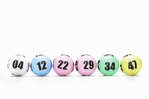 Row of six lottery or bingo balls