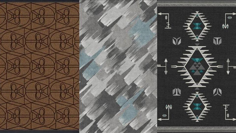 Three Star Wars themed rugs: Darth Vader, X-wing, and Yoda