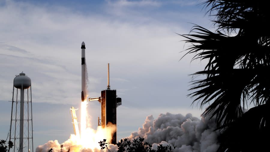 A SpaceX Falcon 9 rocket, with the Dragon capsule and a crew of four private astronauts, lifts off from Pad 39A at the Kennedy Space Center in Cape Canaveral, Fla., Sunday, May 21, 2023. (AP Photo/John Raoux)