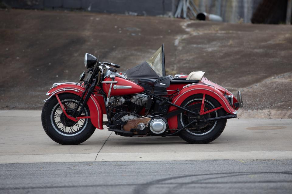 A 1948 Harley-Davidson EL Panhead with Sidecar that will be auctioned off as part of Mike Wolfe's As Found collection.