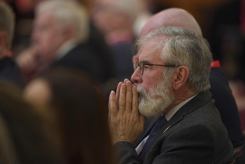 Former President of Sinn Fein, Gerry Adams, listens to speakers during the international conference to mark the 25th anniversary of the Belfast/Good Friday Agreement, at Queen's University Belfast, Wednesday April 19, 2023. (Brian Lawless/Pool Photo via AP)