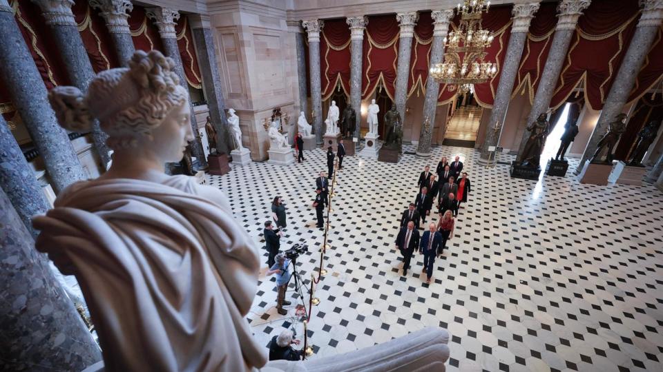 PHOTO: Republican impeachment managers from the House of Representatives proceed through Statuary Hall in the Capitol while transferring articles of impeachment against Secretary of Homeland Security Alejandro Mayorkas, April 16, 2024. (Win Mcnamee/Getty Images)