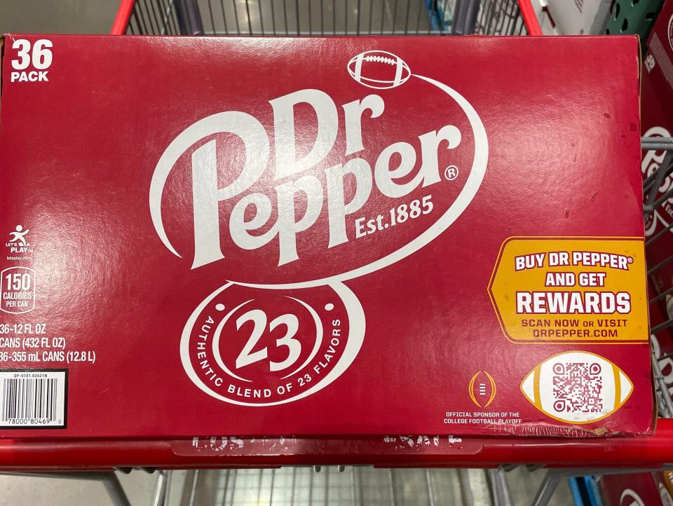 box of dr pepper in a cart at costco