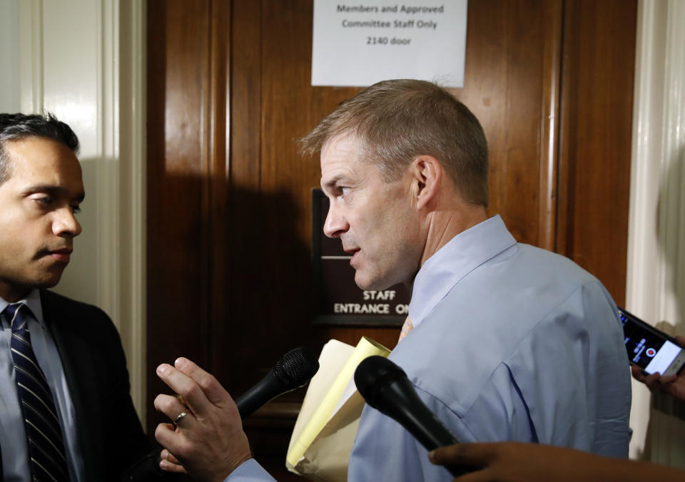 Rep. Jim Jordan, R-Ohio, speaks with the media as he arrives for a deposition before the House Judiciary Committee. (AP)