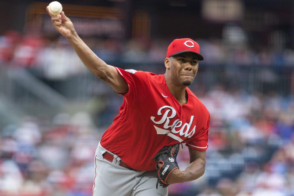 Apr 7, 2023; Philadelphia, Pennsylvania, USA; Cincinnati Reds starting pitcher Hunter Greene (21) throws a pitch against the Philadelphia Phillies during the second inning at Citizens Bank Park. Mandatory Credit: Bill Streicher-USA TODAY Sports