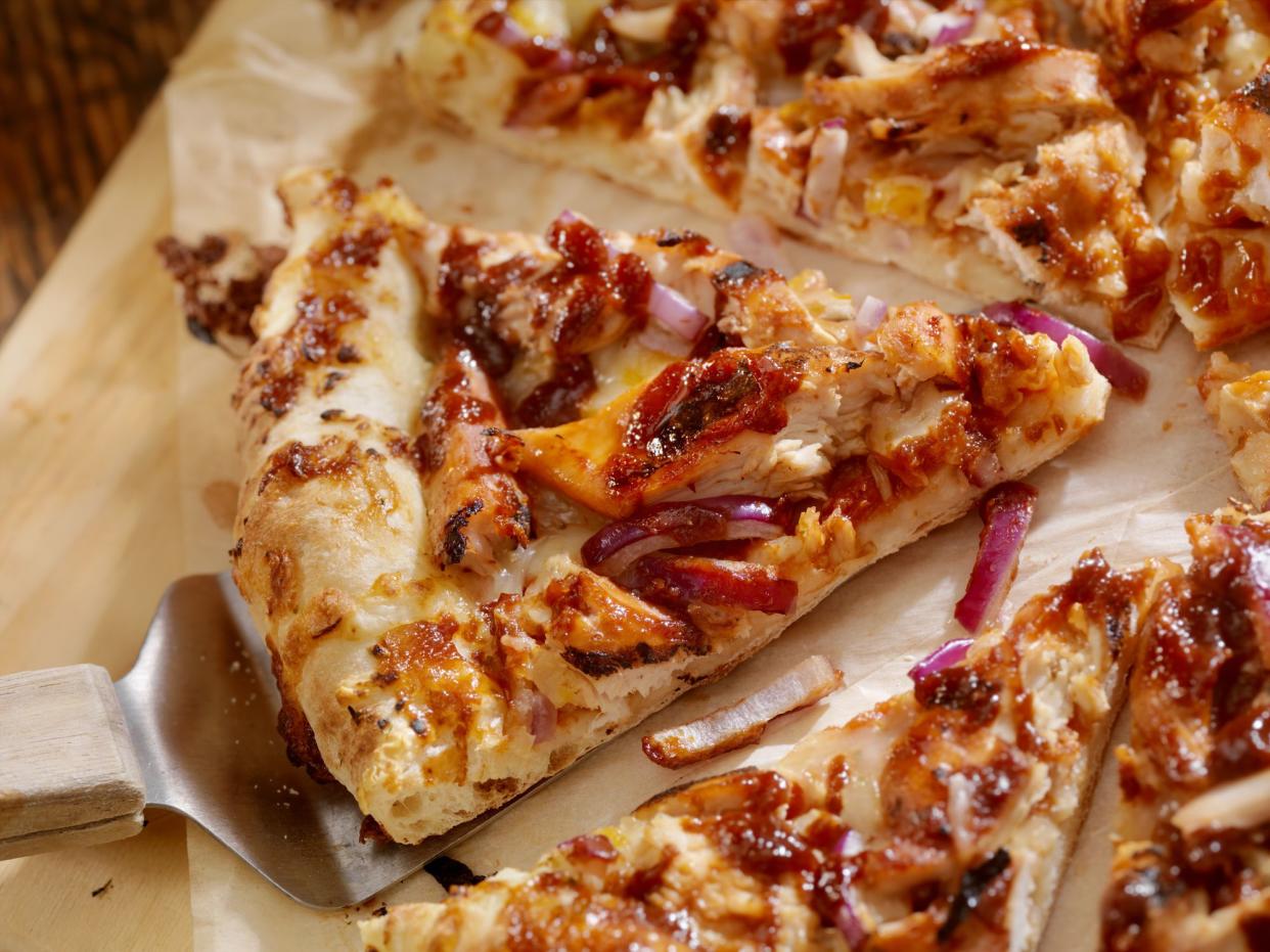 BBQ Chicken Pizza with Red Onions- Photographed on a Hasselblad H3D11-39 megapixel Camera System