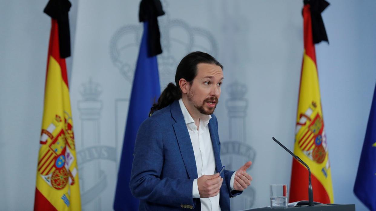 Pablo Iglesias vom Linksbündnis Unidas Podemos bei einer Pressekonferenz zum Grundeinkommen.