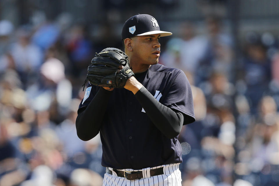 TAMPA, FLORIDA - MARCH 10:  Dellin Betances #68 of the New York Yankees in action against the Pittsburgh Pirates during the Grapefruit League spring training game at Steinbrenner Field on March 10, 2019 in Tampa, Florida. (Photo by Michael Reaves/Getty Images)