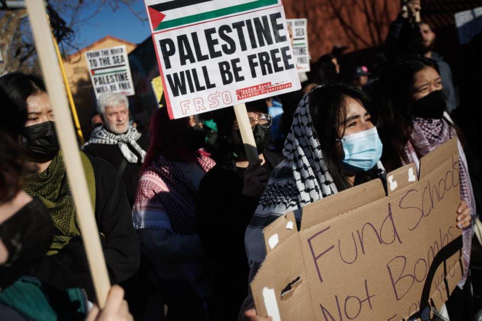 Protesters demand a cease-fire in Gaza outside Mexican Heritage Plaza in San Jose before the arrival of Vice President Kamala Harris during her nationwide “Fight for Reproductive Freedoms” tour on Monday. Dai Sugano/Bay Area News Group