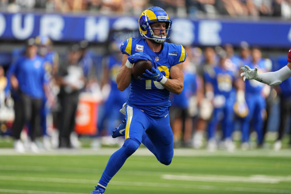 Oct 3, 2021; Inglewood, California, USA; Los Angeles Rams wide receiver Cooper Kupp (10) catches a pass in the second quarter against the Arizona Cardinalsat SoFi Stadium. Mandatory Credit: Kirby Lee-USA TODAY Sports