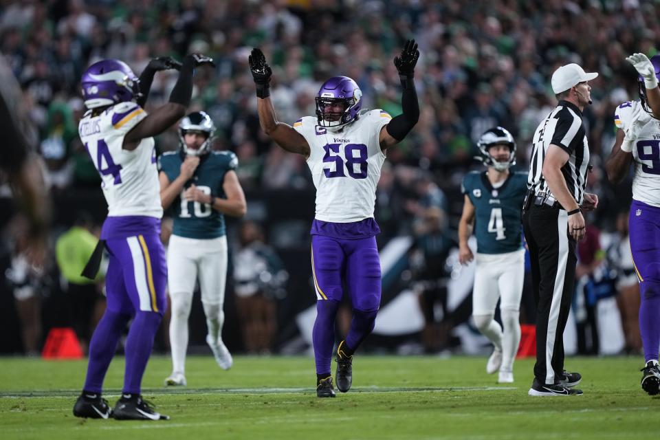 Minnesota Vikings linebacker Jordan Hicks (58) celebrates after sacking Philadelphia Eagles quarterback Jalen Hurts during the first half of an NFL football game Thursday, Sept. 14, 2023, in Philadelphia. (AP Photo/Matt Rourke)