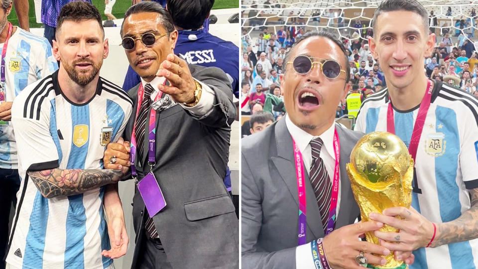 Salt Bae, pictured here posing for photos with Lionel Messi and Angel di Maria after the World Cup final.