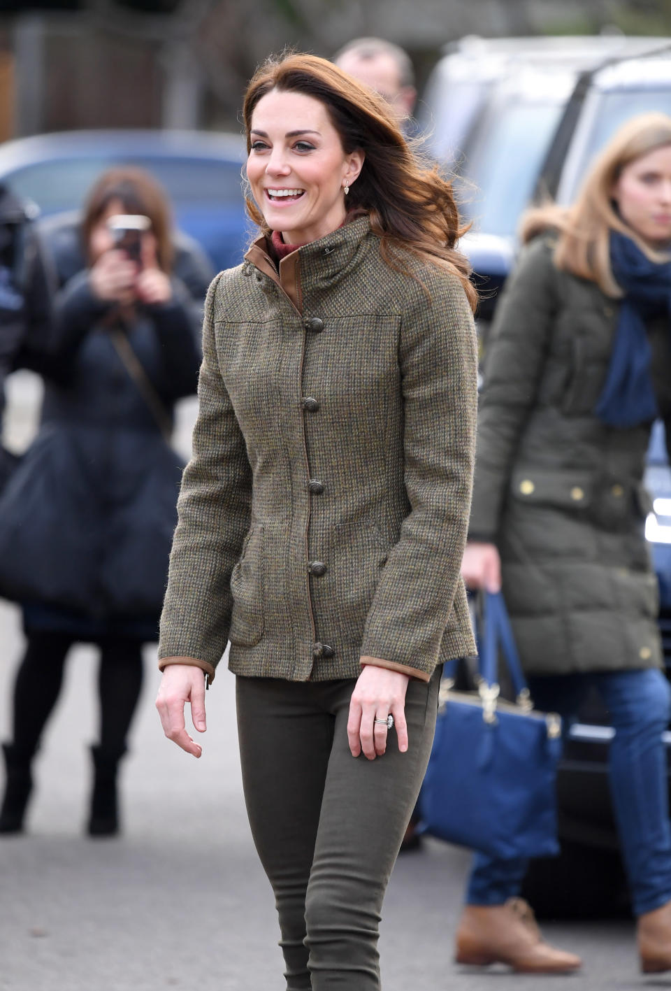 Kate Middleton slipped into skinny jeans and a matching tweed jacket on Tuesday. (Photo: Karwai Tang/WireImage)