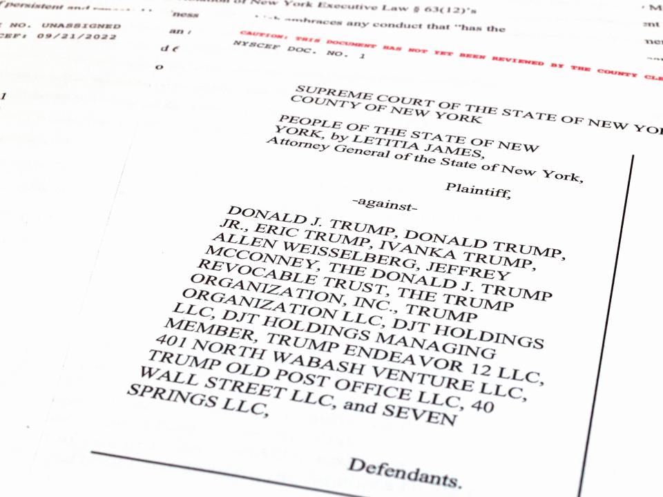 The front page of the lawsuit filed by New York Attorney General Letitia James accusing former President Donald Trump, his family and his business of a decade of padding his net worth to secure hundreds of millions of dollars in bank loans and tax breaks.