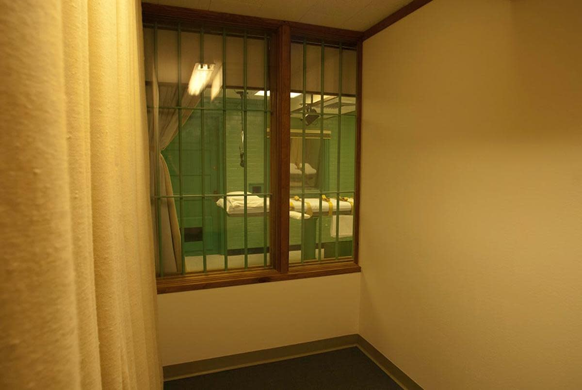 The execution chamber seen from one of two witness viewing rooms at the Texas Department of Criminal Justice's Huntsville Unit.