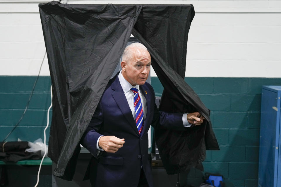 Daniel McCaffery, Democratic candidate for Pennsylvania Supreme Court judge, steps from the voting booth after casting a ballot in Philadelphia, Tuesday, Nov. 7, 2023. (AP Photo/Matt Rourke)