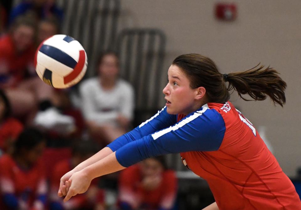 Gregory-Portland's Sydney Kuzma bumps the ball against Calallen in a volleyball game, Tuesday, Aug. 17, 2021, at Gregory-Portland High School.