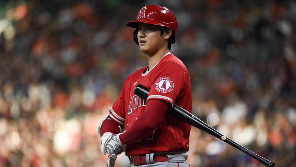 Los Angeles Angels designated hitter Shohei Ohtani at bat during the first inning of a baseball game against the Houston Astros, Saturday, Sept. 11, 2021, in Houston. (AP Photo/Eric Christian Smith)