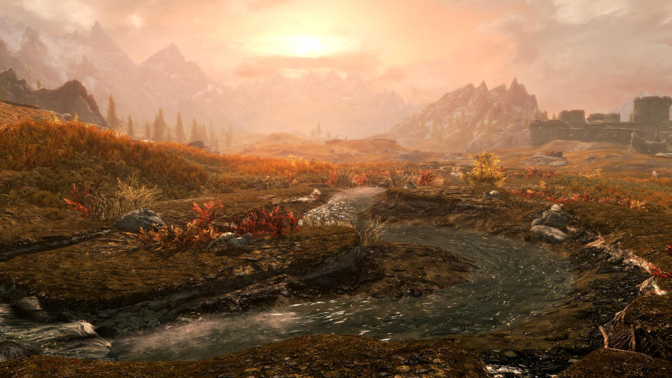 A peaceful river scene in The Elder Scrolls V: Skyrim.