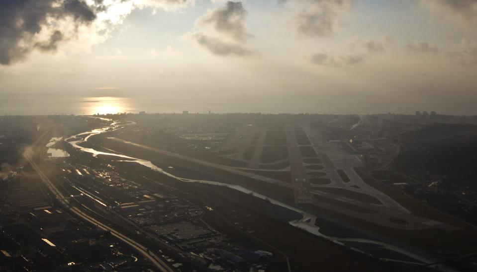 An aerial view from a helicopter shows runways of the Sochi International Airport in the Black Sea resort city of Sochi