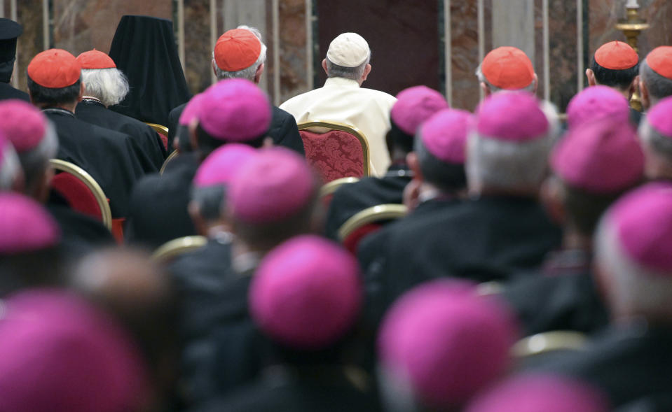 Pope Francis, background center, attends a penitential liturgy at the Vatican, Saturday, Feb. 23, 2019. The pontiff is hosting a four-day summit on preventing clergy sexual abuse, a high-stakes meeting designed to impress on Catholic bishops around the world that the problem is global and that there are consequences if they cover it up. (Vincenzo Pinto/Pool Photo Via AP)
