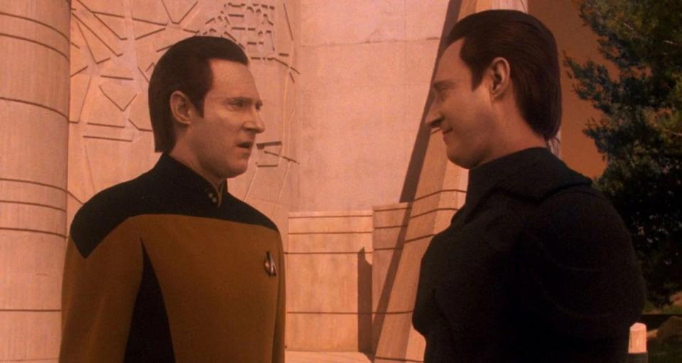 Data confronts his brother Lore in the Star Trek: The Next Generation episode "Descent."