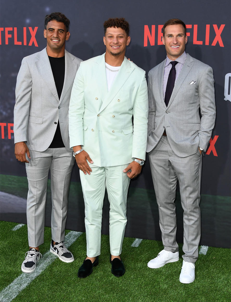 Marcus Mariota, Patrick Mahomes and Kirk Cousins attend the Los Angeles Premiere Of Netflix's Quarterback at TUDUM Theater on July 11, 2023 in Hollywood, California.