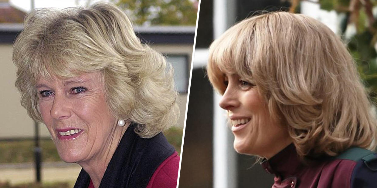 (R) Camilla Parker Bowles, arrives to open the Botnar Research Center on Oct. 22, 2003. (L) Olivia Williams as Camilla Parker Bowles, now queen consort. (PA Images via Getty Images, Splash News)