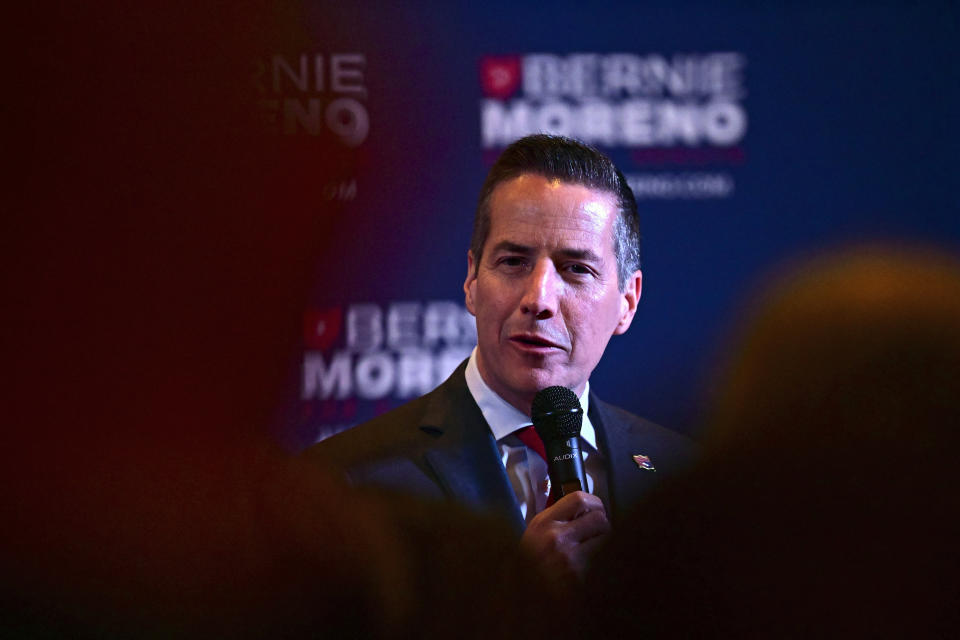 Cleveland businessman Bernie Moreno, a Republican candidate for U.S. Senate, speaks to supporters during his primary election night watch party in Westlake, Ohio, Tuesday, March 19, 2024. (AP Photo/David Dermer)