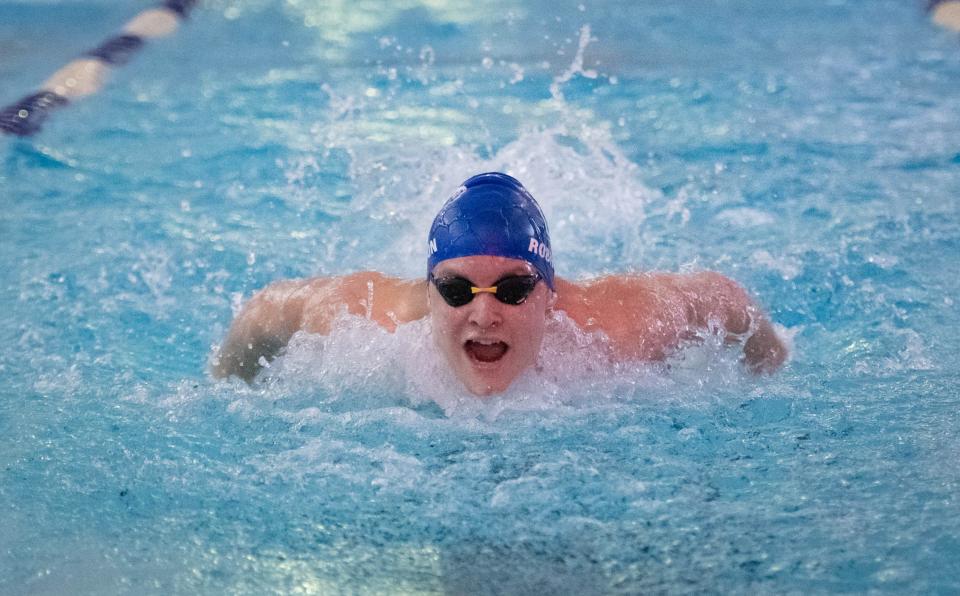 Logan Robinson, of Washington High School, competes in the Boys 100 Yard Butterfly during the County Championships Swim Meet at Booker T. Washington High School in Pensacola on Thursday, Oct. 13, 2022.