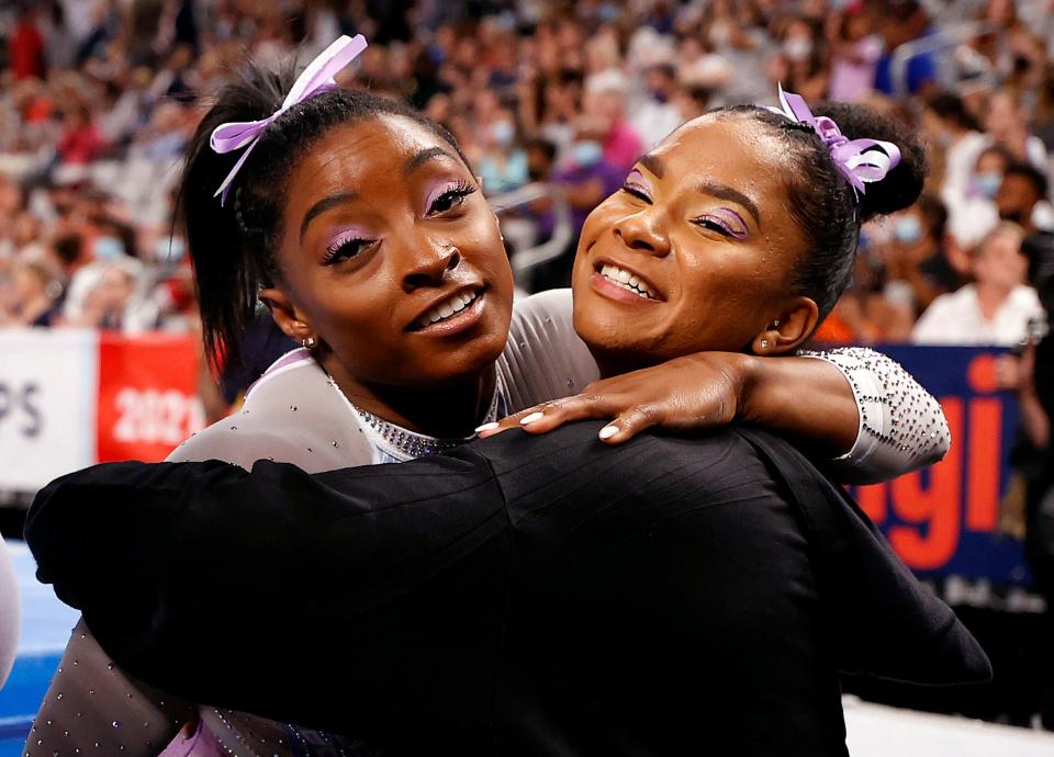 Simone Biles and Jordan Chiles embrace during the U.S. Gymnastics Championships earlier this month.